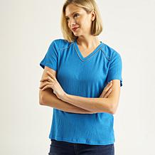 DG2 by Diane Gilman Knit Plissé V-Neck Top with Studded Trim