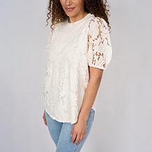 DG2 by Diane Gilman Lace Eyelet Embroidered Puff-Sleeve Top