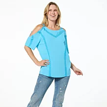 DG2 by Diane Gilman Mixed Media Scarf Printed Flutter Sleeve Top - 23496561 | HSN