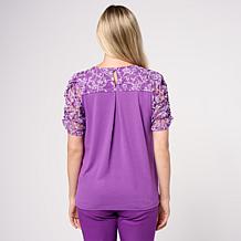 DG2 by Diane Gilman Mixed Media Puff Sleeve Top with Keyhole Back