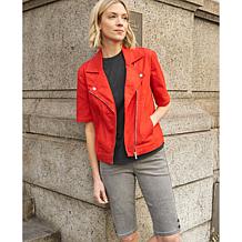 DG2 by Diane Gilman New Classic Stretch Denim Elbow Sleeve Moto Jacket