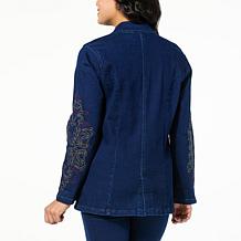 DG2 by Diane Gilman New Classic Stretch Denim Embroidered Blazer