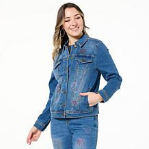 DG2 by Diane Gilman New Classic Stretch Heart-Embellished Denim Jacket