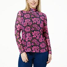DG2 by Diane Gilman Printed Mesh Knit Long-Sleeve Turtleneck Top