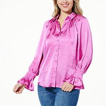 DG2 by Diane Gilman Woven Satin Raglan Sleeve Button-Up Blouse