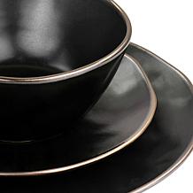 Elama Modern 16pc Stoneware Dinnerware Set in Matte Black w/ Gold Rim