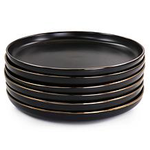 Elama Paul 6-Piece Stoneware Dinner Plate Set, Matte Black w/ Gold Rim