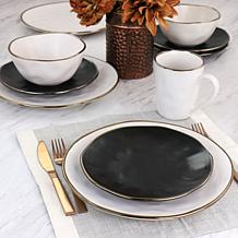 Elama Roman 16Pc Stoneware Dinnerware Set, Assorted Matte w/ Gold Rim