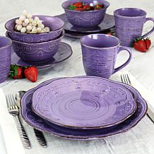 Elama Rustic Birch 16-Piece Stoneware Dinnerware Set, Purple