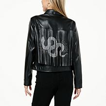 G by Giuliana Black Label Faux Leather Graphic Fringe Jacket