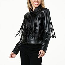 G by Giuliana Black Label Faux Leather Graphic Fringe Jacket