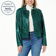 G by Giuliana Black Label Faux Leather Graphic Fringe Jacket