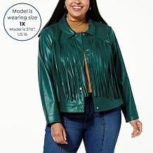 G by Giuliana Black Label Faux Leather Graphic Fringe Jacket