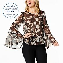 G by Giuliana Black Label Printed Chiffon Bell-Sleeve Top