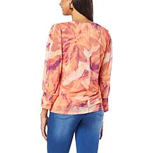 G by Giuliana Floral Print Smocked-Sleeve Mesh Knit Top