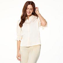 G by Giuliana Stretch Satin Flounce-Sleeve Button-Up Blouse