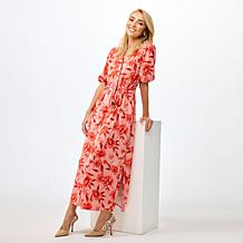 G by Giuliana Woven Embroidered Puff-Sleeve Midi Dress