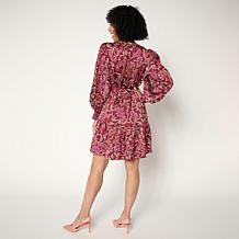G by Giuliana Woven Printed Y-Neck Tiered Button-Up Dress