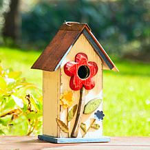 Glitzhome 10.25" Distressed Solid Wood Birdhouse with Flower
