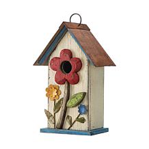 Glitzhome 10.25" Distressed Solid Wood Birdhouse with Flower