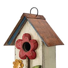 Glitzhome 10.25" Distressed Solid Wood Birdhouse with Flower