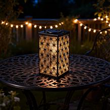 Glitzhome 11"H Black Metal Cutout Solar Hanging Lantern with LED Light