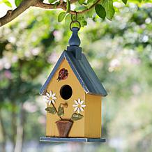 Glitzhome 12.25" Distressed Yellow Birdhouse with Bee & Flower Accents