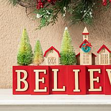 Glitzhome 14" Christmas Wooden House and Brush Trees Table Decor