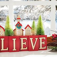 Glitzhome 14" Christmas Wooden House and Brush Trees Table Decor