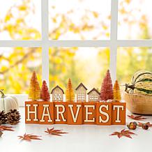 Glitzhome 14in. L Harvest Wooden House and Brush Trees Table Decor