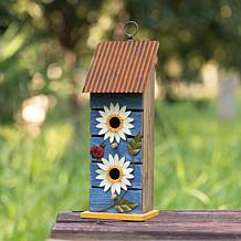 Glitzhome 15" Rustic Washed-Blue Birdhouse with Metal Daisy Accents