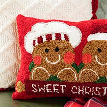Glitzhome 18" Hooked Pillow with Gingerbread Boy and Girl