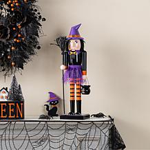 Glitzhome 18.5"H Halloween Wooden Witch Nutcracker w/ Cat Ornament