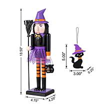 Glitzhome 18.5"H Halloween Wooden Witch Nutcracker w/ Cat Ornament