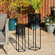 Glitzhome 2-pc. Metal Cutout Solar Powered Edison Bulb Floor Lanterns