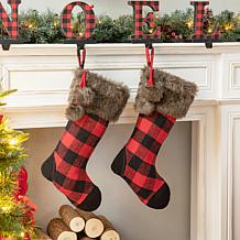 Glitzhome 2-pk 21" Black and Red Buffalo Plaid/Fur Stocking