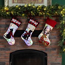 Glitzhome 21" L LED Embroidered Linen Dog Christmas Stocking
