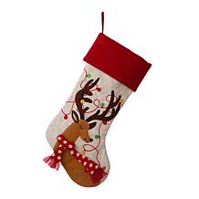 Glitzhome 21" L LED Embroidered Linen Reindeer Christmas Stocking