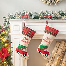Glitzhome 21in. H Embroidered Linen Christmas Red Truck Stocking