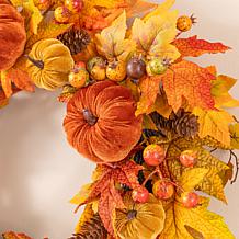 Glitzhome 23.75"D Fall Velvet Pumpkin, Pinecone & Berry Wreath