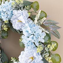 Glitzhome 24" Blue Peony & Hydrangea Floral Wreath with Hanger