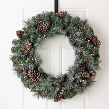 Glitzhome 24" D Glittered Pine Cone Christmas Wreath with LED Lights