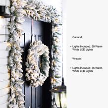 Glitzhome 24" D LED Flocked Christmas Wreath and 2pk 9' Garland Set