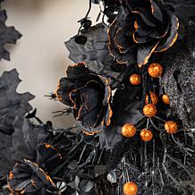 Glitzhome 24"D Halloween Black Rose, Skeleton & Berry Wreath w Hanger