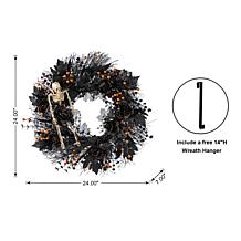 Glitzhome 24"D Halloween Black Rose, Skeleton & Berry Wreath w Hanger