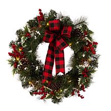 Glitzhome 24in D Snow Berry Twig Ball Pinecone Holly Pine Wreath