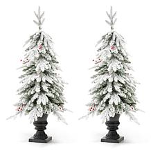 Glitzhome 2pk 4"H Flocked Fir Artificial Christmas Trees w/100 Lights