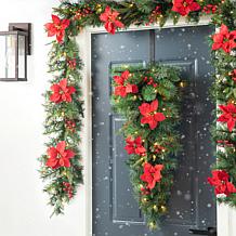 Glitzhome 3' Pine Poinsettia & Red Berries Christmas Teardrop Swag