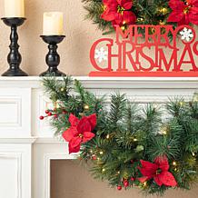 Glitzhome 3' Pre-Lit Pine, Poinsettia and Red Berries Christmas Swag