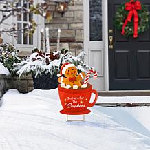 Glitzhome 30.25" Metal Gingerbread Man in Coffee Mug Yard Stake